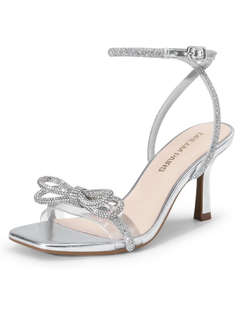 Women's Double Bowknots Silver Open Square Toe Ankle Strap Rhinestone Heels